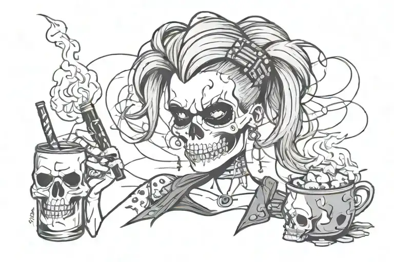 punk girl skull lightning cigaret with molotov cocktail tattoo design idea