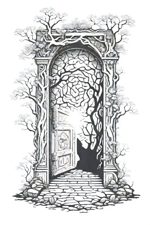 a door in a forest that leads to a portal to the universe galaxy psychedelic  tattoo design idea