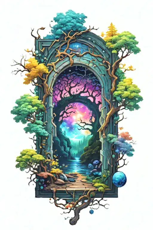 a door in a forest that leads to a portal to a galaxy in space colorful and psychedelic  tattoo design idea