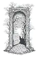 a door in a forest that leads to a portal to the universe galaxy psychedelic  tattoo design idea