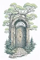 a door in a forest that leads to a portal to the universe galaxy psychedelic  tattoo design idea