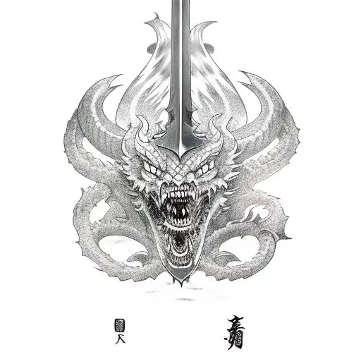 The Dragonslayer sword from 'Berserk' cuts across the arm from shoulder to hand, surrounded by yakuza motifs tattoo design idea