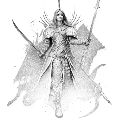 A warrior princess with intricate armor and a sword tattoo design idea