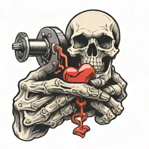 skull hand holding a heart shaped lock tattoo design idea
