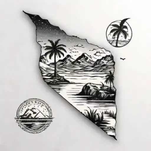 icerberg in antartica, mirror of sky in bolivia, sky full of stars, palm tree, big mountain, sea tattoo design idea
