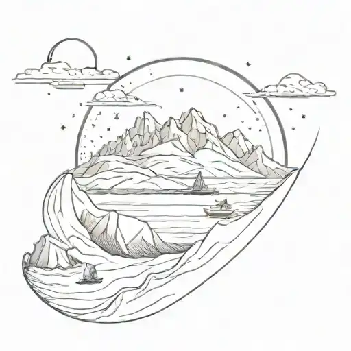 icerberg in antartica, sky full of stars, palm tree, big mountain, sea, a globe to indicate travel tattoo design idea
