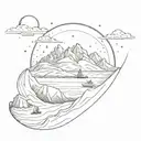 icerberg in antartica, sky full of stars, palm tree, big mountain, sea, a globe to indicate travel tattoo design idea