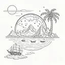 icerberg in antartica, sky full of stars, palm tree, big mountain, sea, a globe to indicate travel tattoo design idea