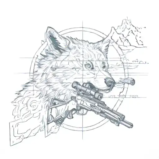 A sniper scope focused on a wolf in the wilderness with a quote about perseverance tattoo design idea
