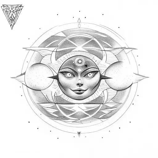 "DMT molecule with a sun, moon, and star." tattoo design idea