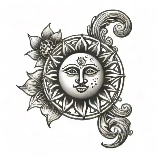 small tattoo with the sun and moon with Om, Nose ring, and waves on clavicles.  tattoo design idea