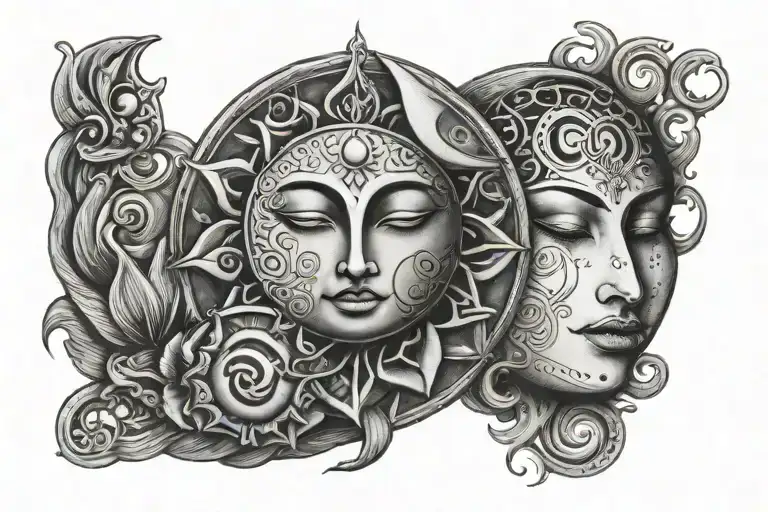 small tattoo with sun and moon with Om, Nose ring, and waves all together on clavicles.  tattoo design idea