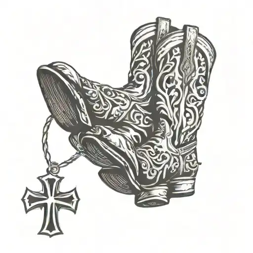 cowboy boots and a cross with a horse galloping tattoo design idea