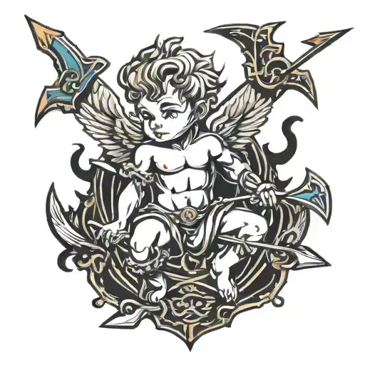cupid shooting arrow into own head full body made tattoo design idea