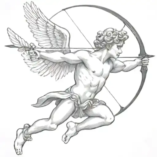 cupid shooting arrow into own head full body made tattoo design idea