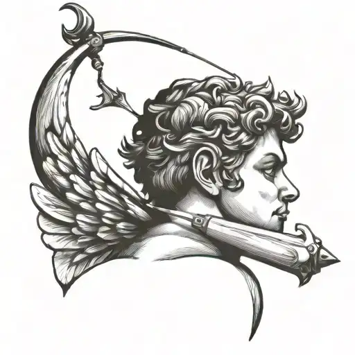 cupid shooting arrow into own head profile holding tattoo design idea