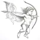 cupid shooting arrow into own head full body made tattoo design idea