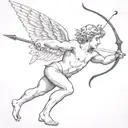 cupid shooting arrow into own head full body made tattoo design idea