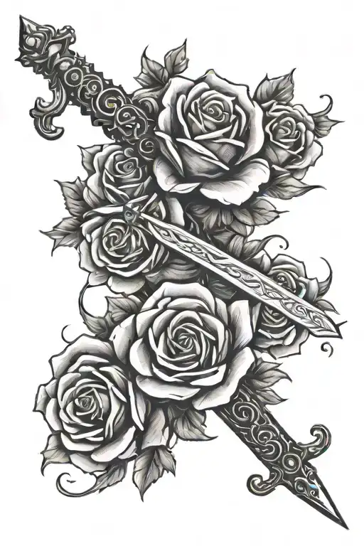 sword and roses intertwined tattoo design idea