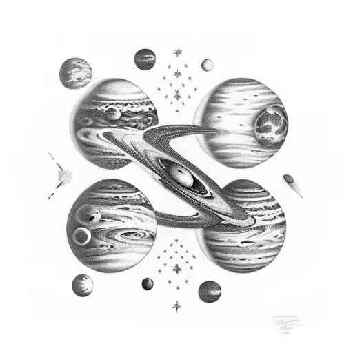 space planets stars black and white tattoo design idea