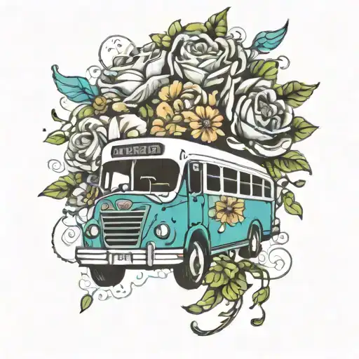 bus and flower bouquet tattoo design idea