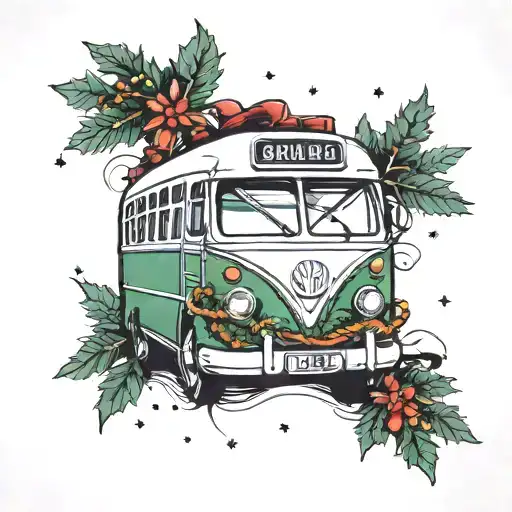 bus and christmas tree intertwined tattoo design idea