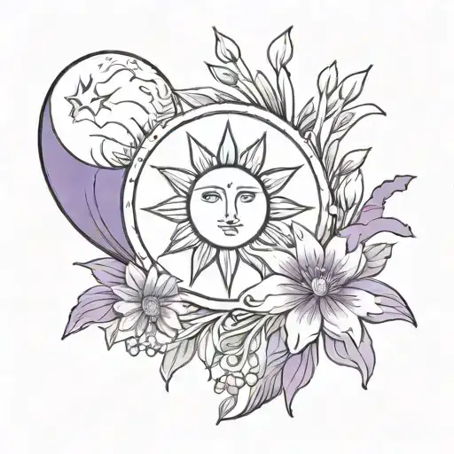 sun and moon matching with violet and snowdrop flowers tattoo design idea