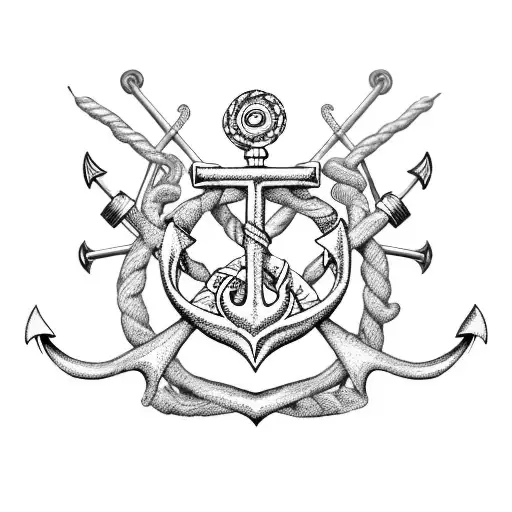 Detailed anchor surrounded by nautical symbols and marine life tattoo design idea