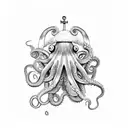 Octopus wrapping its tentacles around an anchor tattoo design idea