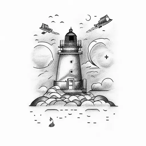 BOAT AND LIGHTHOUSE, ASTRONAUT PLAYING GUITAR, COCONUT TREE tattoo design idea