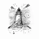 BOAT AND LIGHTHOUSE, ASTRONAUT PLAYING GUITAR, COCONUT TREE tattoo design idea