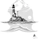 BOAT AND LIGHTHOUSE, ASTRONAUT PLAYING GUITAR, COCONUT TREE tattoo design idea