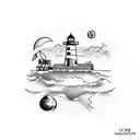 BOAT AND LIGHTHOUSE, ASTRONAUT PLAYING GUITAR, COCONUT TREE tattoo design idea