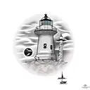BOAT AND LIGHTHOUSE, ASTRONAUT PLAYING GUITAR, COCONUT TREE tattoo design idea