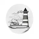 BOAT AND LIGHTHOUSE, ASTRONAUT PLAYING GUITAR, COCONUT TREE tattoo design idea