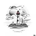 BOAT AND LIGHTHOUSE, ASTRONAUT PLAYING GUITAR, COCONUT TREE tattoo design idea