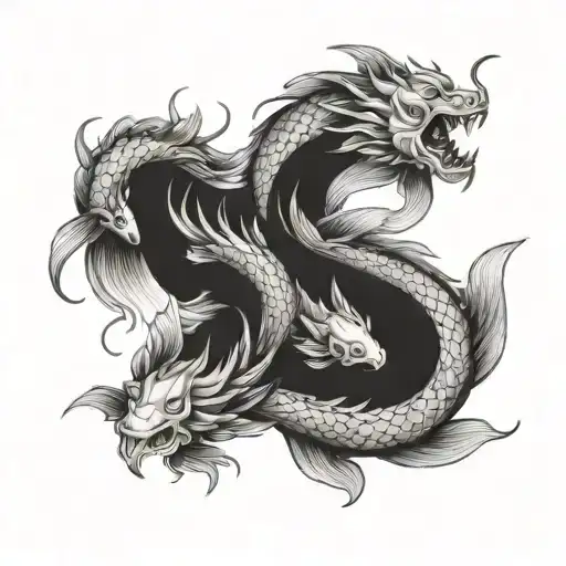 The union of Koi and dragon. A colorless drawing, a little more vibrancy effect and sharp finishes and lines tattoo design idea