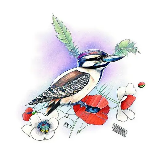 kookaburra with poppies around it  tattoo design idea