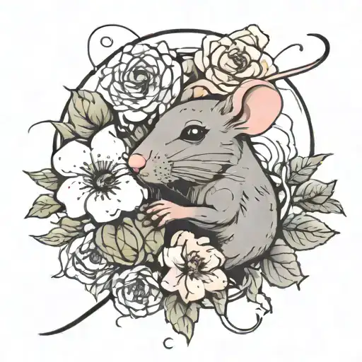 rat and flowers blooming tattoo design idea