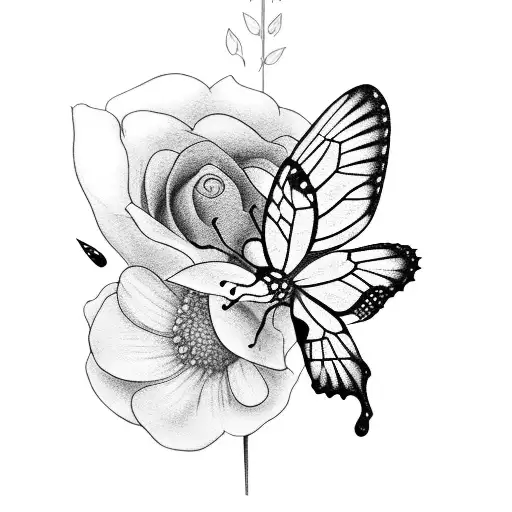 A blackwork tattoo of a delicate butterfly resting on a vibrant flower, symbolizing the beauty of life and paying homage to those who have passed on. tattoo design idea