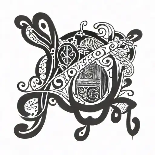 An abstract unalome design with words like 'love' and 'unity' woven into the pattern tattoo design idea
