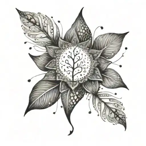 A delicate unalome with intricate leaf details and empowering quotes in a dotwork style tattoo design idea