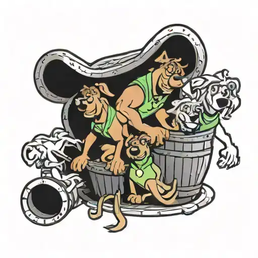 scooby doo in a barrel and shaggy for the legs and the gang around them tattoo design idea