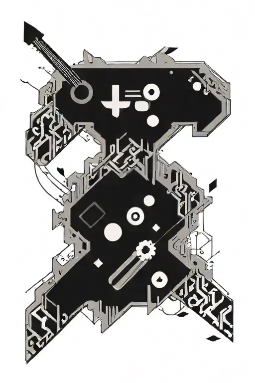 An abstract design combining elements of gaming and music, with a subtle nod to Tennessee and Michigan through hidden symbols within the artwork tattoo design idea