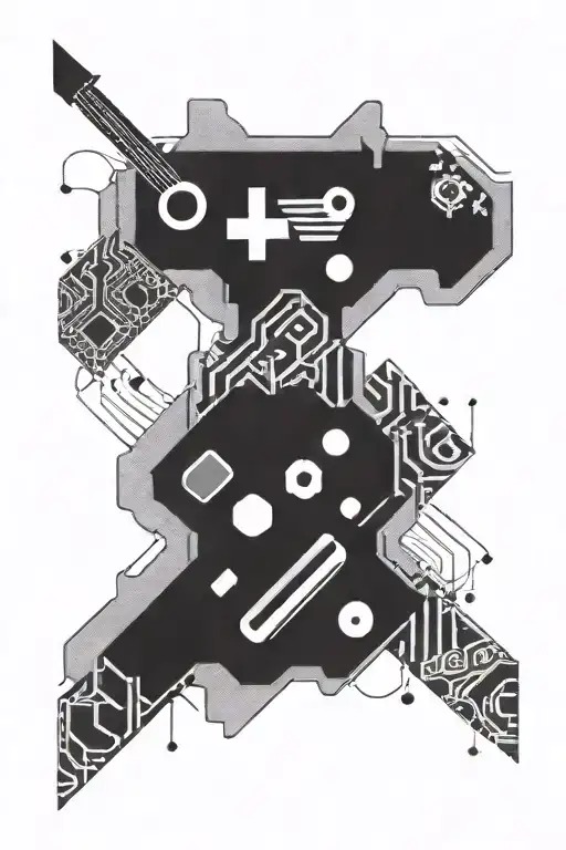 An abstract design combining elements of gaming and music, with a subtle nod to Tennessee and Michigan through hidden symbols within the artwork tattoo design idea