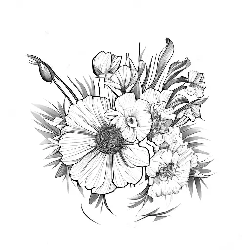 Minimalist "Bouquet Of Carnation, Daffodil, Rose,..." Tattoo Idea