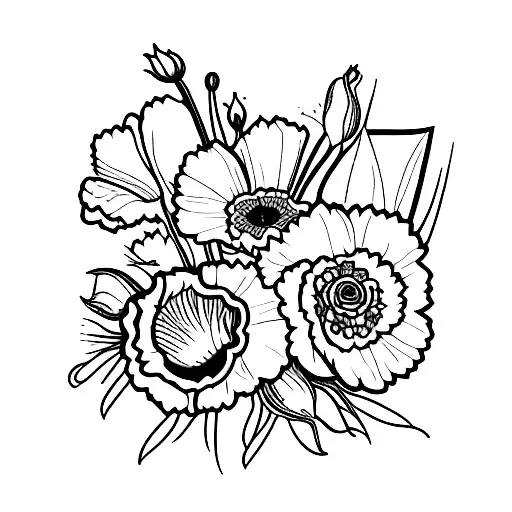 bouquet of carnation, daffodil, rose, poppy, cosmos and chrysanthemum tattoo design idea
