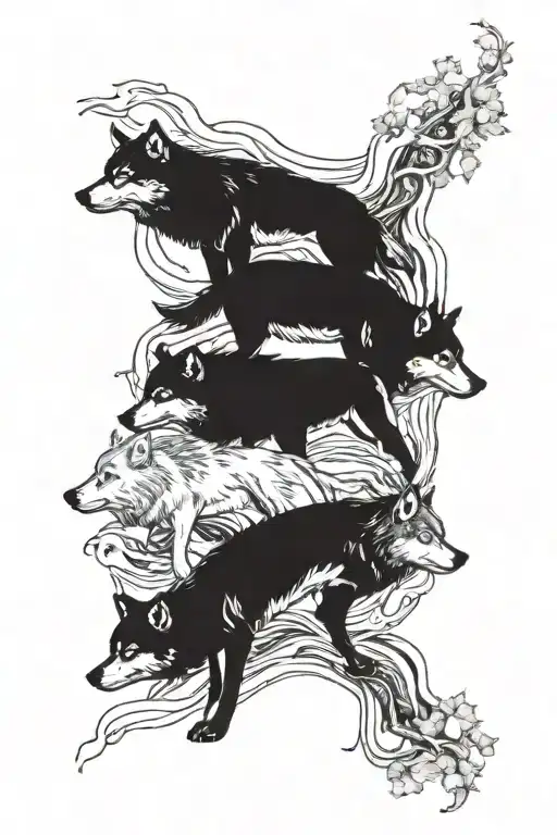 familt of wolves by a river flowing tattoo design idea