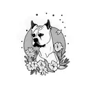 A staffy silhouette standing proudly on a mountain peak, surrounded by blooming flowers tattoo design idea