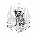 A staffy silhouette standing proudly on a mountain peak, surrounded by blooming flowers tattoo design idea